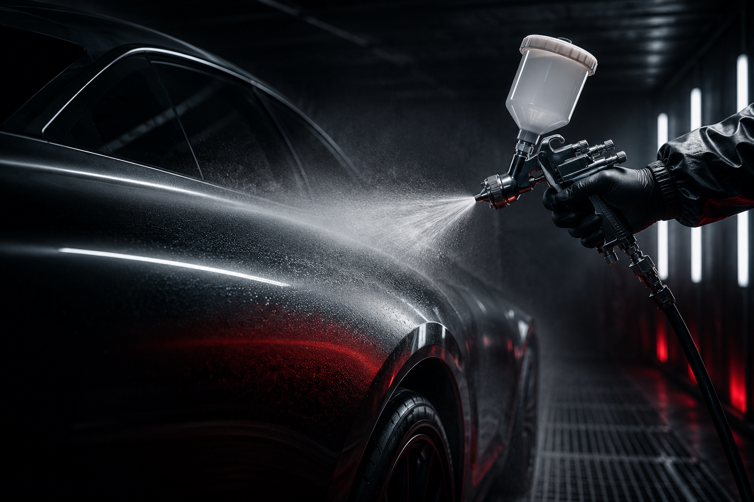 Spray-applied paint protection being applied to a vehicle panel